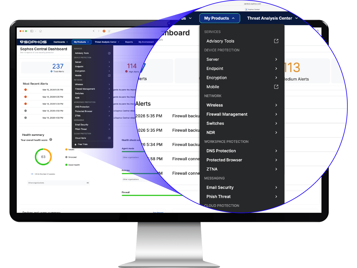 Sophos Central product portfolio monitor view